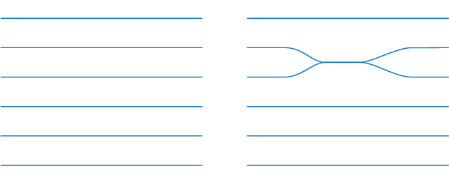 1-dimensional branched spacetime manifold with one instance of branch recombination